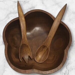 Vintage Wooden Salad Serving Bowl with Wood Tossing Spoon Fork MCM Carved